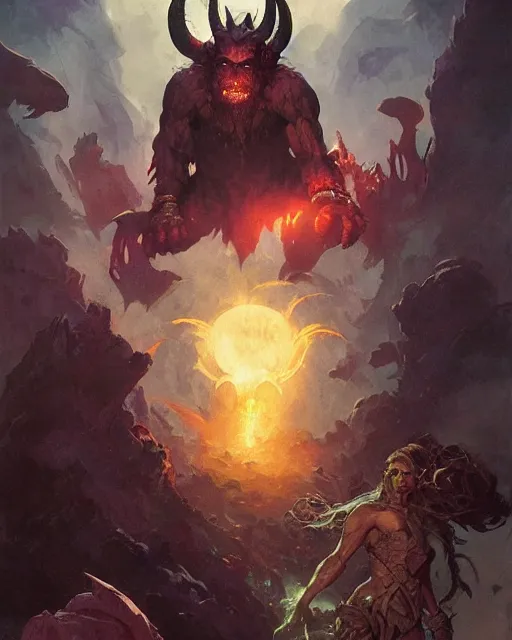 Image similar to cinematic portrait of a one eyed, one horned, flying purple people eater by greg rutkowski and frank frazetta and peter mohrbacher and marc silvestri