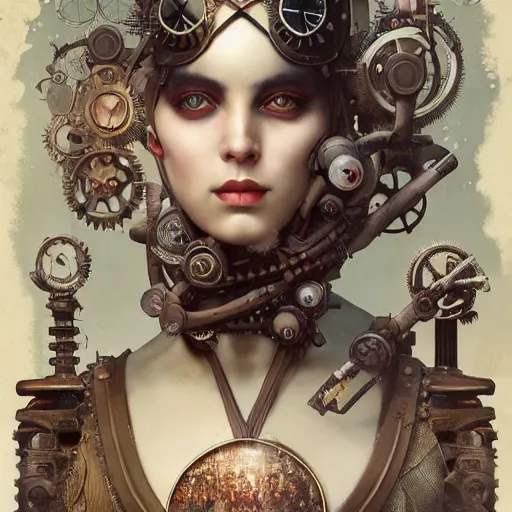 Image similar to by tom bagshaw, photorealist vivid render of a carnival of curiosities marvel, single bald steampunk female in a full ornated armor, gears, cables, led, flying machinery, partial symmetry accurate features, very intricate details, focus, award winning, ultra dense fog, trending on behance