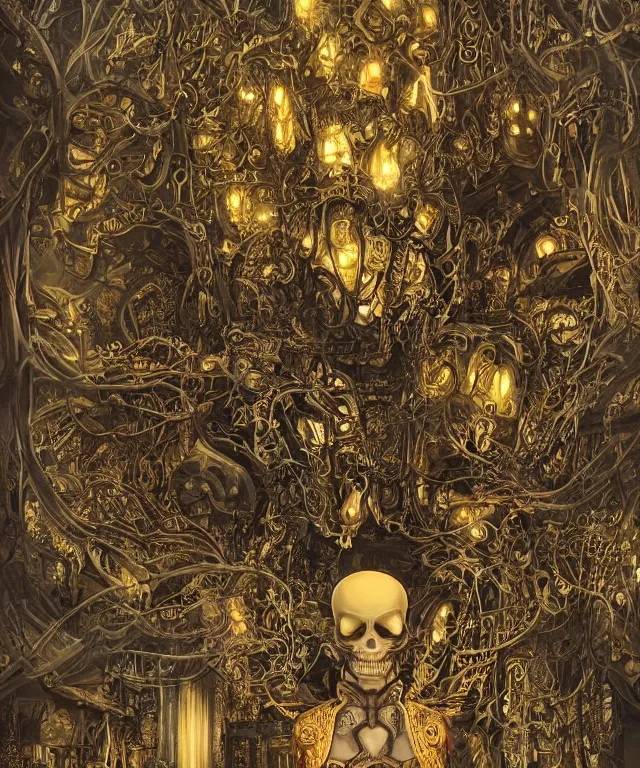 Prompt: a skull temple made of wat rong khun temple!! by charlie bowater and art germ, rule of thirds, golden ratio, art nouveau! cyberpunk! style, mechanical accents!, mecha plate armor, glowing leds, flowing wires with leaves, art nouveau accents, art nouveau patterns and geometry, rich deep moody colors