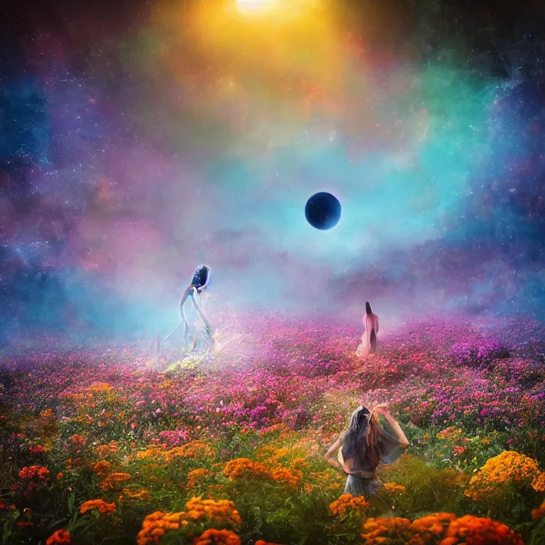 Image similar to a planet of various flowers, fungus and plants, in which the singular human figure is dressed in something magical and impressive, inside the picture is infinity, sunset light, Atmospheric phenomenon, artistic photography, muted colors, conceptual, long exposure outside the city, volumetric light