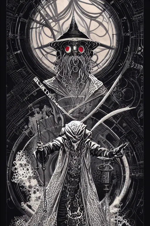 Image similar to side view of a cloaked ancient alchemist steampunk wizard casting a spell, high details, lineart, by vincent di fate and joe fenton,, inking, screen print, masterpiece, trending on artstation, sharp, high contrast, hyper - detailed, hd, 4 k, 8 k