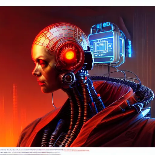 Image similar to low angle shot of a cyberpunk robot character, red computer wires, intricate, elegant, highly detailed, centered, digital painting, artstation, concept art, smooth, sharp focus, illustration, artgerm, Tomasz Alen Kopera, Peter Mohrbacher, donato giancola, Joseph Christian Leyendecker, WLOP, Boris Vallejo