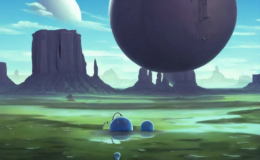 Prompt: a scary hyperrealist painting of a spaceship made of stone and a giant transparent bubble from howl's moving castle ( 2 0 0 4 ) in a flooded monument valley stonehenge jungle. depth perception, 4 k, artstation, in the style of studio ghibli