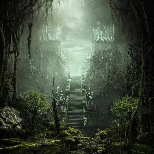 Image similar to full body pose, hyperrealistic photograph of the black keep of rotbog swamp, dim volumetric lighting, 8 k, octane beautifully detailed render, extremely hyper detailed, intricate, epic composition, cinematic lighting, masterpiece, trending on artstation, very very detailed, stunning, hdr, smooth, sharp focus, high resolution, award, winning photo, dslr, 5 0 mm