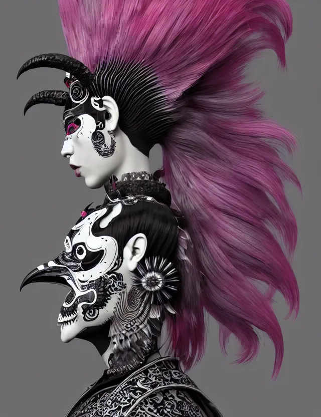 Image similar to 3 d goddess close - up profile portrait punk with mohawk with ram skull. beautiful intricately detailed japanese crow kitsune mask and clasical japanese kimono. betta fish, jellyfish phoenix, bio luminescent, plasma, ice, water, wind, creature, artwork by tooth wu and wlop and beeple and greg rutkowski