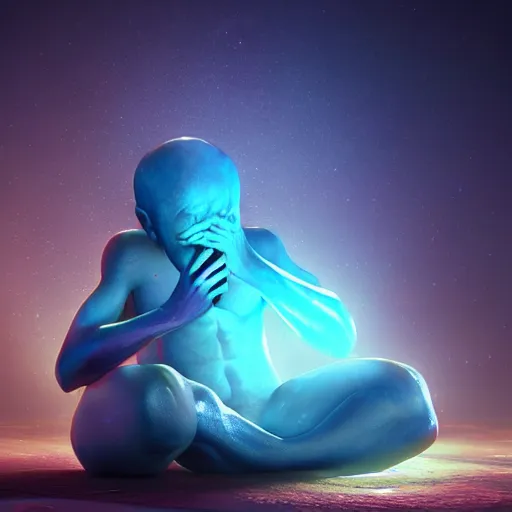 Image similar to Concept art of a Universe's celestial GOD, is crying in tears and is very sad and sorrow , after creating humans, ,octane render, retro,