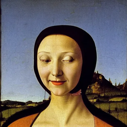 Prompt: portrait of a young woman with a happy face in the year 1465 by Giovanni Bellini