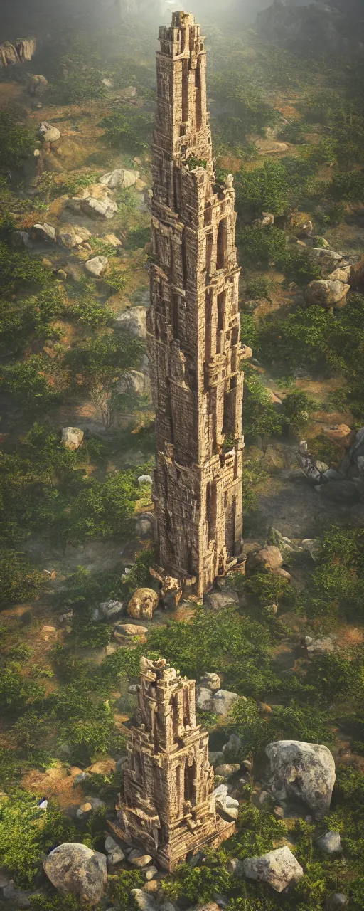 Image similar to single tower, golden babylon tower, beight stone, sacred ancient architecture, hanging gardens, cascading highrise, arid mountains with lush palm forest, sunlight, post - production, octane, cgi, sfx