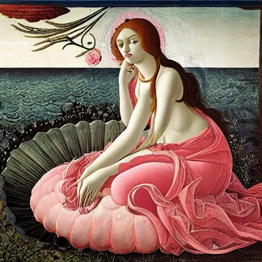 Image similar to an ultradetailed mythological oil painting of a beautiful woman with long brown hair, full body, wearing pink floral gown, lying asleep within a giant scallop shell, near the seashore, intricate lines, elegant, renaissance style, by sandro botticelli