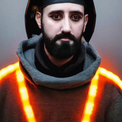Image similar to bust portrait of handsome proud man with short black hair with grey hair, very short full beard warrior, cyberpunk, fashion editorial photography, neon color scheme, waist up, low angle