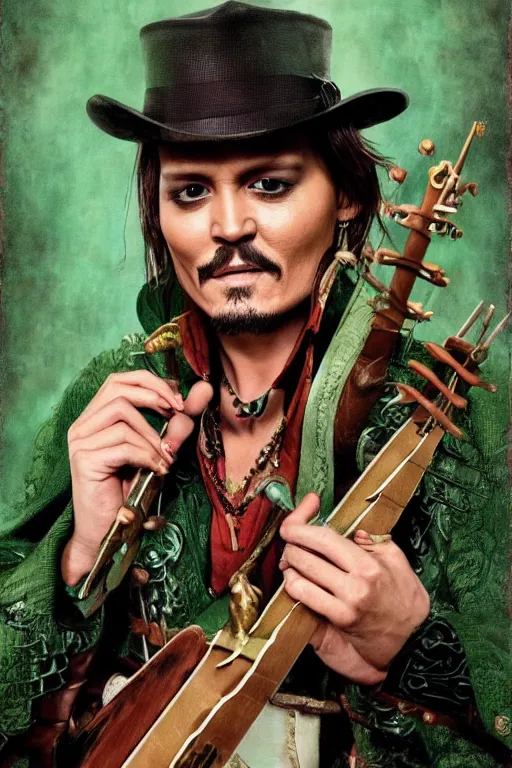 Image similar to Breathtaking comic book style of Johny Depp portrayed as a Dungeons and Dragons bard, playing the lute and wearing a pale green jacket in the style of Ralph Dorsey