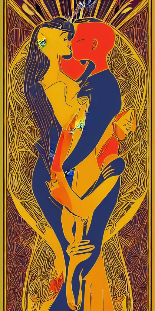 Image similar to art deco, art nouveau, colors, love, warmth, happiness, couple, hallmark style, papyrus style, card