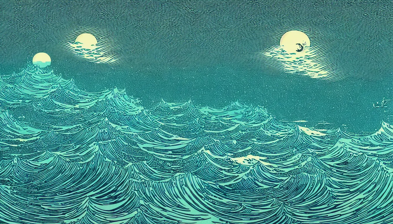 Image similar to ocean horizon by woodblock print, nicolas delort, moebius, victo ngai, josan gonzalez, kilian eng