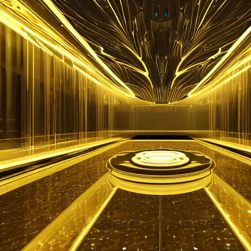 Image similar to a spaceship beaming a light underneath, lasers all over the scene, strobe lights, golden floor, lavish, luxurious, marble walls, cinematic, hyper realism, high detail, octane render, 8 k