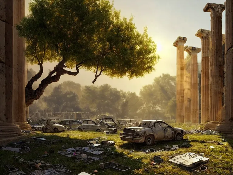 Image similar to tree growing in ancient greek ruins, gray wasteland, many scrap cars, plastic waste, rubble, pillars, flowers, vines, hyperrealistic, highly detailed, cinematic, single ray of golden sunlight, beautiful, cgssociety, artstation, 8 k, oil painting by greg rutkowski, by artgerm, by wlop