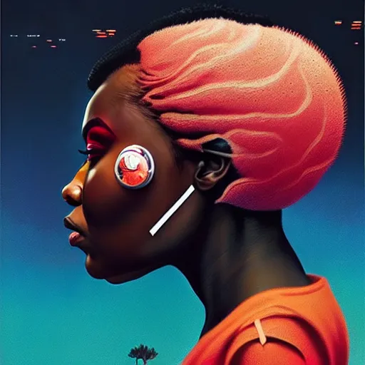 Prompt: side profile of a black woman :: blood :: background sea :: intricate details :: oxygen implant :: 8k :: simon stalenhag and Sandra Chevrier