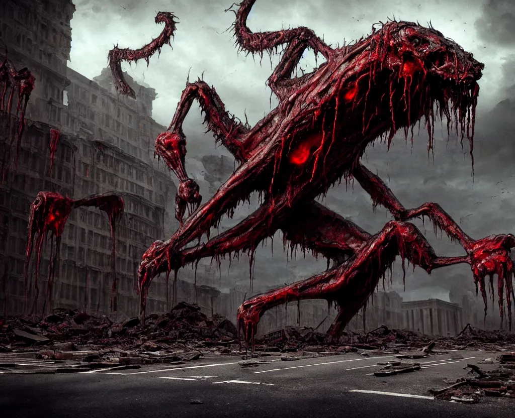 Prompt: Giant Culicidae monster flying in the road of the ruined city. Drops of blood and meat with veins on the road. Ruins. Dark colors, high detail, hyperrealism, horror art, 8k, concept art, intricate details, octane render, masterpiece