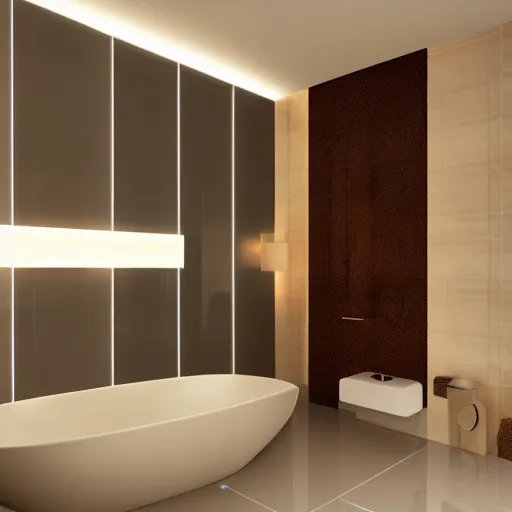 Image similar to bathroom with warm white led strip lighting, photorealistic, product render