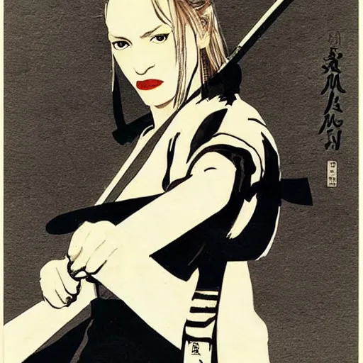 Image similar to uma thurman ( kill bill ) portrait, katana, japanese art