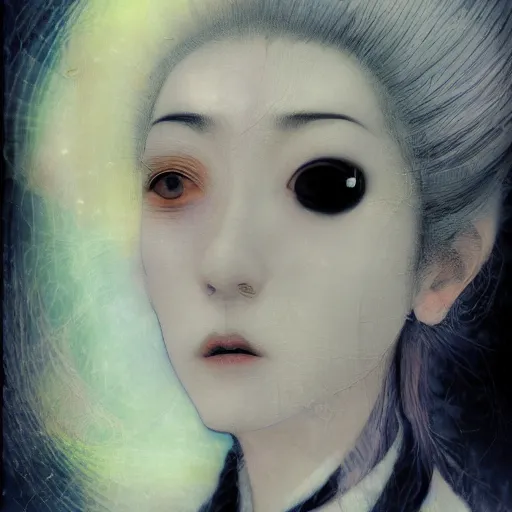 Image similar to yoshitaka amano blurred and dreamy realistic portrait of a woman with black eyes and white hair wearing dress suit with tie, junji ito abstract patterns in the background, satoshi kon anime, noisy film grain effect, highly detailed, renaissance oil painting, weird portrait angle, blurred lost edges, three quarter view