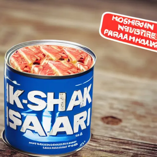 Image similar to Can of Shark SPAM, high quality photo advertisement with legible writing