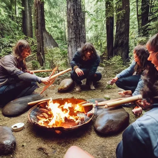 Image similar to photo, neanderthal people eating sushi, surrounded by dinosaurs, gigantic forest trees, sitting on rocks, bonfire