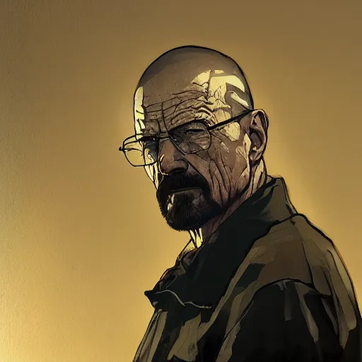 Prompt: portrait of walter white, dramatic lighting, illustration by Greg rutkowski, yoji shinkawa, 4k, digital art, concept art, trending on artstation