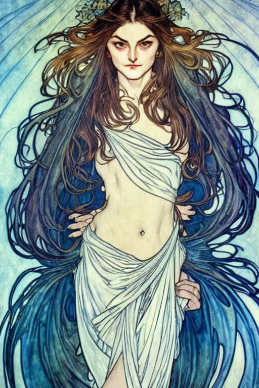 Image similar to in the style of artgerm, arthur rackham, alphonse mucha, phoebe tonkin, symmetrical eyes, symmetrical face, flowing blue skirt, hair blowing, intricate filagree, hidden hands, warm colors, cool offset colors