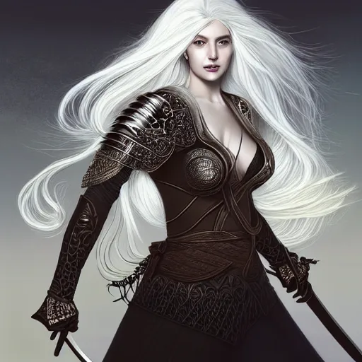 Image similar to portrait digital painting of a woman with flowing luscious glowing white hair standing whilst holding a sword, wearing intricate plate - armor and leather underneath. intricate, elegant, highly detailed, digital painting, artstation, concept art, smooth, sharp focus, illustration, by terry wei, qiu fang, tooth wu, kan liu, siwoo kim, jisu choe