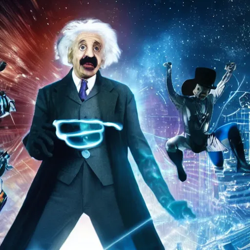 Prompt: Albert Einstein as a superhero, bending time and space to alter reality itself, dramatic cinematic action shot, movie still from Watchmen (2009), Oscar winning cinematography, 8k