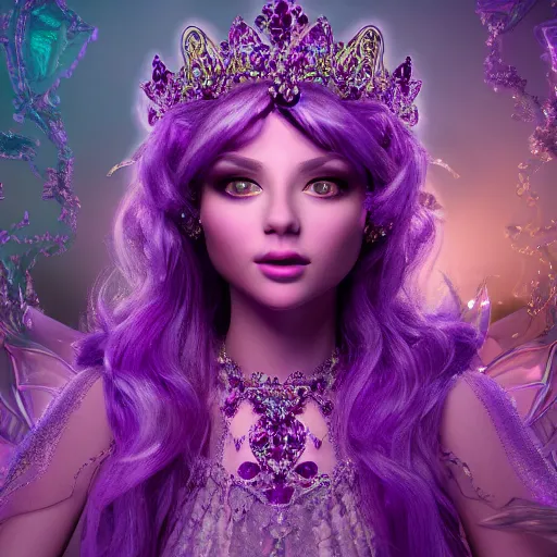 Image similar to portrait princess of amethyst, glowing, ornate and intricate purple jewelry, jaw dropping beauty, glowing background lighting, purple accent lighting, hyper detailed, fairy tale, 4 k octane render