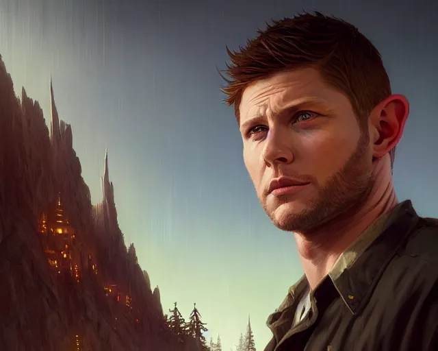 Image similar to highly detailed portrait of jensen ackles as an elf, in gta v, stephen bliss, unreal engine, fantasy art by greg rutkowski, loish, rhads, ferdinand knab, makoto shinkai and lois van baarle, ilya kuvshinov, rossdraws, tom bagshaw, global illumination, radiant light, detailed and intricate environment