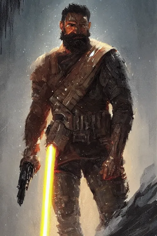 Image similar to portrait of a man by greg rutkowski, old bounty hanter, samoan features, tall and muscular, epic beard, star wars expanded universe, he is about 4 0 years old, wearing tactical gear.