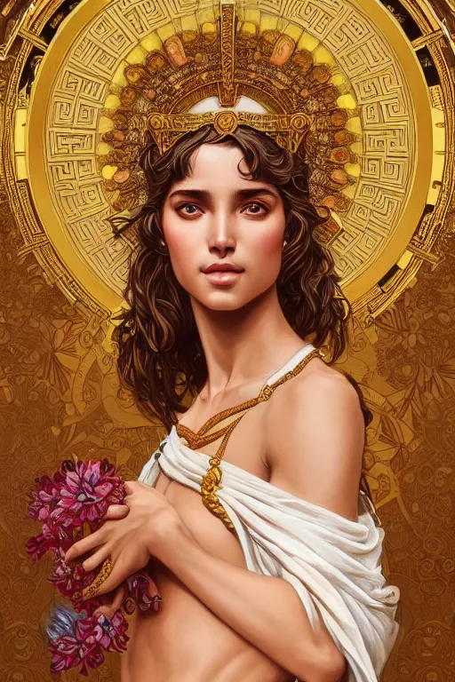 Prompt: body portrait of beautiful greek goddess, wearing an ornate toga with intricate floral patterns, by terry o'neill intricate, elegant, highly detailed, digital painting, glistening skin, artstation, concept art, smooth, sharp focus, bold lighting, illustration, art by artgerm and greg rutkowski and alphonse mucha, 8 k
