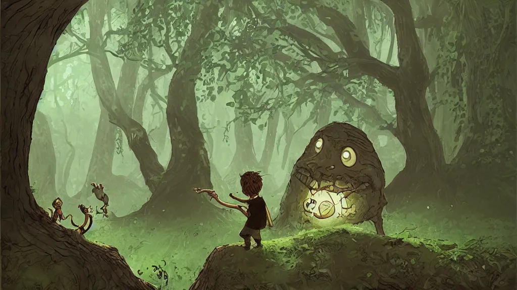 Image similar to once upon a time, there was a kid walking in a forest path, beautiful ancient trees, hiding large treasure chest, serene evening atmosphere, soft lens, soft light, by asaf hanuka, by karol bak, by tony diterlizzi, colored pencil, fine art, scary creature coming out of his mouth, green slime dripping, dark fantasy