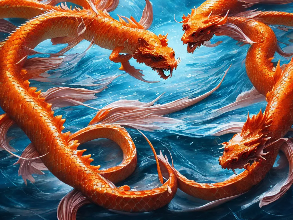 Image similar to intertwined koi dragon fish, water torrent background, jesper ejsing, james jean, justin gerard, tomasz alen kopera, cgsociety, fenghua zhong, makoto shinkai, octane render, highly detailed, rim light, cinematic lighting, hyper realism, high detail, intricate, 4 k, masterpiece