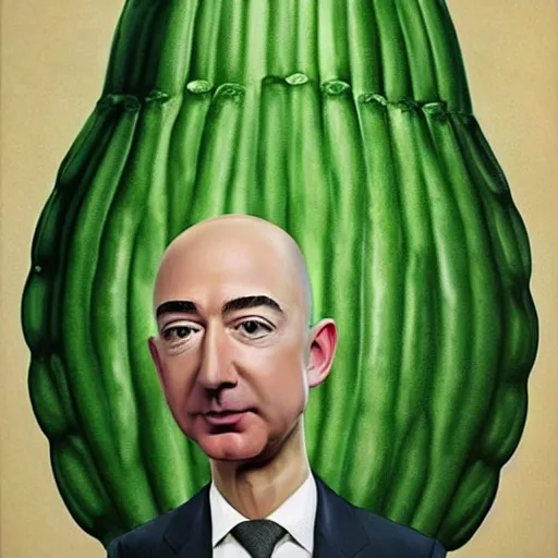 Prompt: jeff bezos as the cucumber king, his face morphed into a cucumber, detailed airbrush art, by gertrude abercrombie