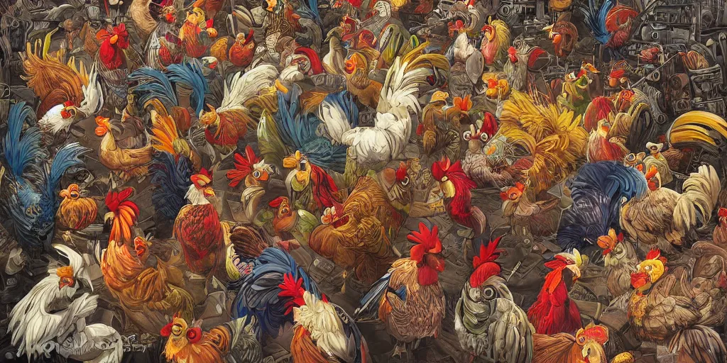 Prompt: colorful illustration of a million fighting roosters, mix of styles, dieselpunk, intricate, highly detailed