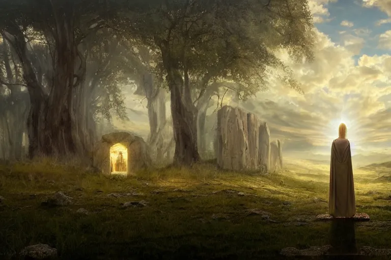 Image similar to scene with a beautiful realistic blond priestess, 30 years old woman, praying, standing in front of an altar in an antic sanctuary, horizon at dawn, some clouds, runic stones and columns in the background, some oak fantasy trees, cinematic light, digital painting by Magali Villeneuve and wlop, atmospheric effects, fireflies, 4K, octane render, artstation, deviantart