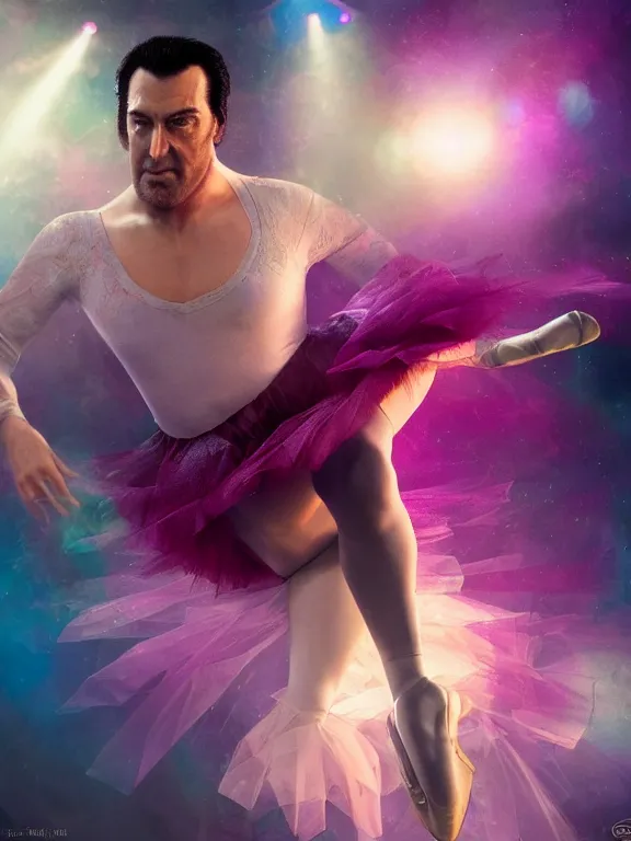 Prompt: art of prime Steven Segal wearing a tutu and ballet shoes, 8k ultra realistic , lens flare, atmosphere, glow, detailed,intricate, full of colour, cinematic lighting, trending on artstation, 4k, hyperrealistic, focused, extreme details,unreal engine 5, cinematic, masterpiece