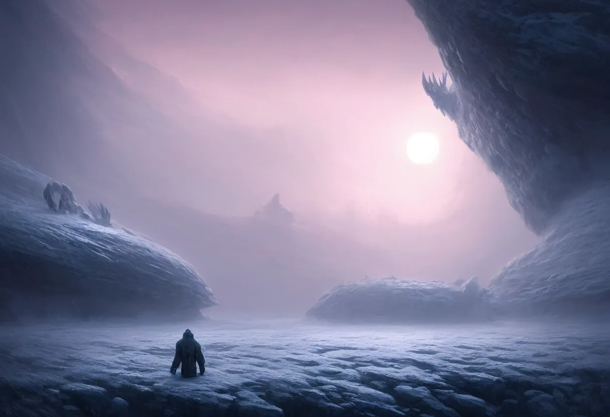 Prompt: strange surface of another frozen winter planet at sunset, sea creature emerging, ultra high definition, ultra detailed, symmetry, fog, matte painting, by greg rutkowski and ross tran and wlop