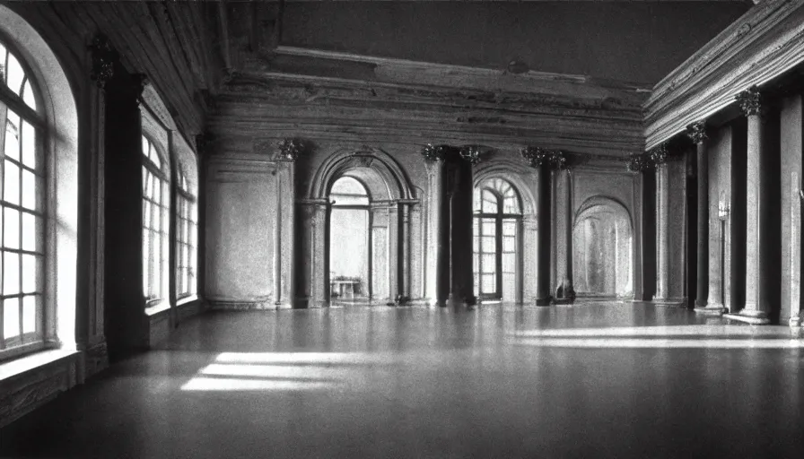 Prompt: 1 9 7 0 s movie still by andrei tarkovsky of a neoclassical building, by piranesi, panoramic, ultra wide lens, cinematic light, flare, anamorphic