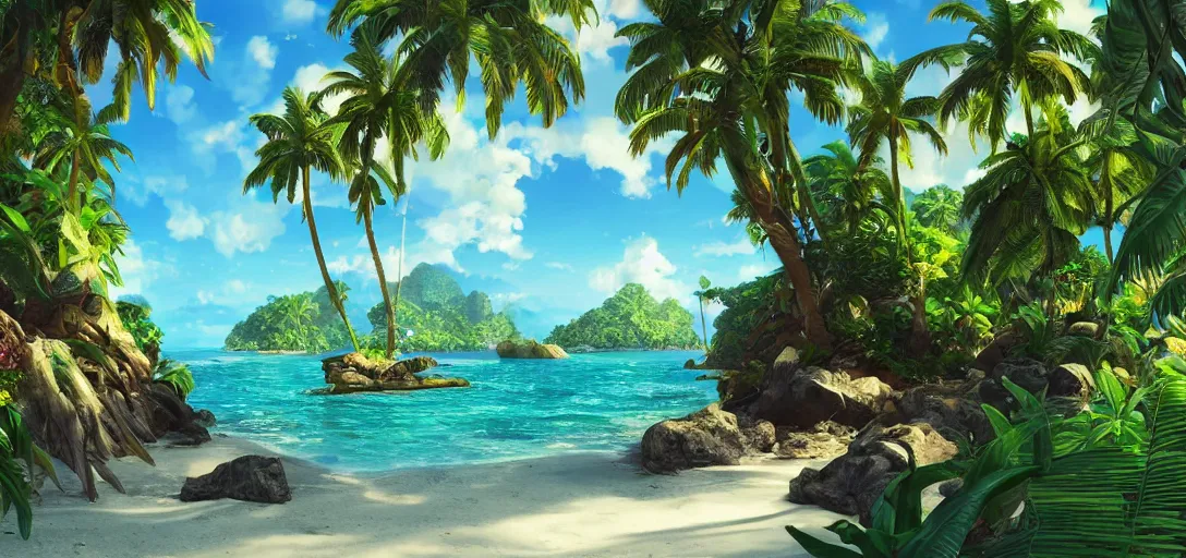 Image similar to beautiful tropical island beach, lush vegetation, white sand beach, tropic plants and flowers, clear water, dramatic lighting, cinematic, establishing shot, extremely high detail, foto realistic, cinematic lighting, post processed, concept art, artstation, matte painting, style by eddie mendoza, raphael lacoste, alex ross