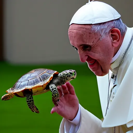 Prompt: the pope playing with his new pet turtle, photography, 8k hd resolution