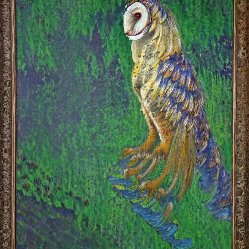 Image similar to an impressionist painting of a Chinese dragon with the face of a barn owl, covered in moss