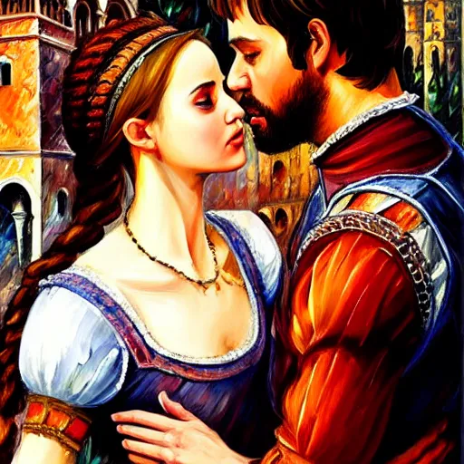 Image similar to highly detailed painting of shakespeare's romeo and juliet in the city of verona, italy. intricate, high quality oil painting artstyle, in the style of leonid afremov, deviantart, figurative art, deviantart, ilya kuvshinov, lovecraftian, very detailed face, portrait