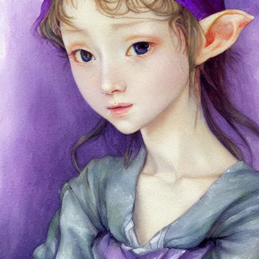 Image similar to little elf, purple tunic, soft hair. light color palate, detailed soft painting, ayami kojima, anatomically correct, inspired in balthus