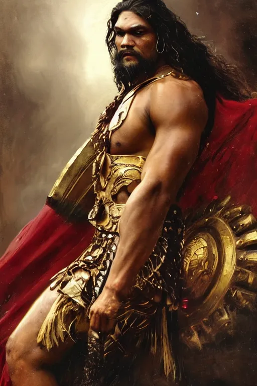 Prompt: beautiful closeup portrait oil painting, jason momoa conan the barbarian wearing a golden wreath crown in royal crimson spartan armor enthroned as the god emperor of ancient rome, mid - shot, by anders zorn, wonderful masterpiece by greg rutkowski, beautiful cinematic light, american romanticism, by thomas lawrence, greg rutkowski