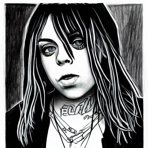 Image similar to grunge drawing of billie eilish in the style of the shining