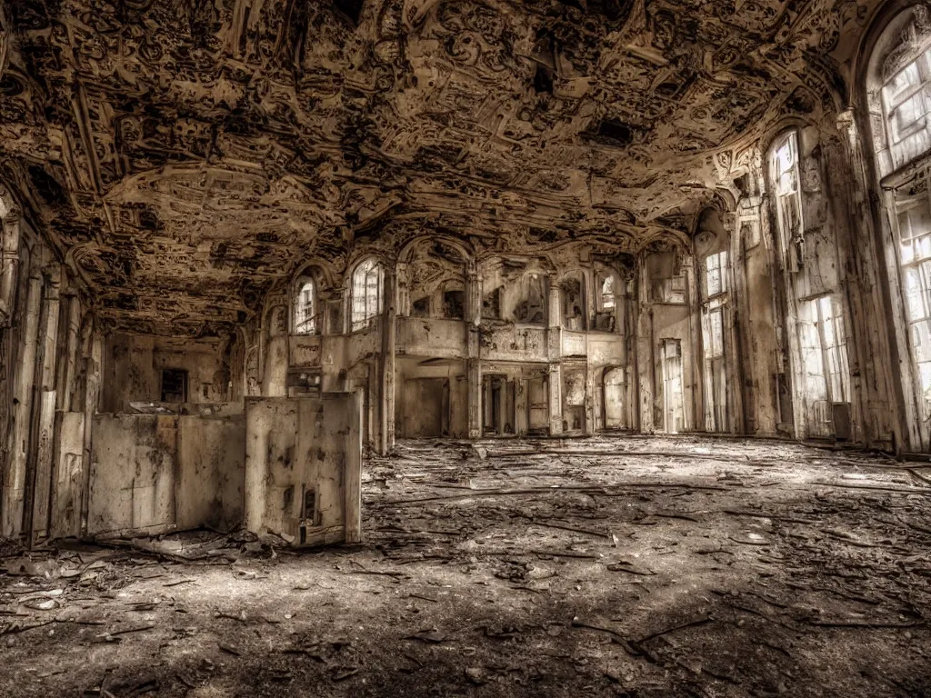 Image similar to photography of inside of an abandoned old opera fitlh and grim apex, creepy, dark atmosphere, ray of sun from the rooftop, wide angle, 1 6 mm lens fujifilm, grainy film